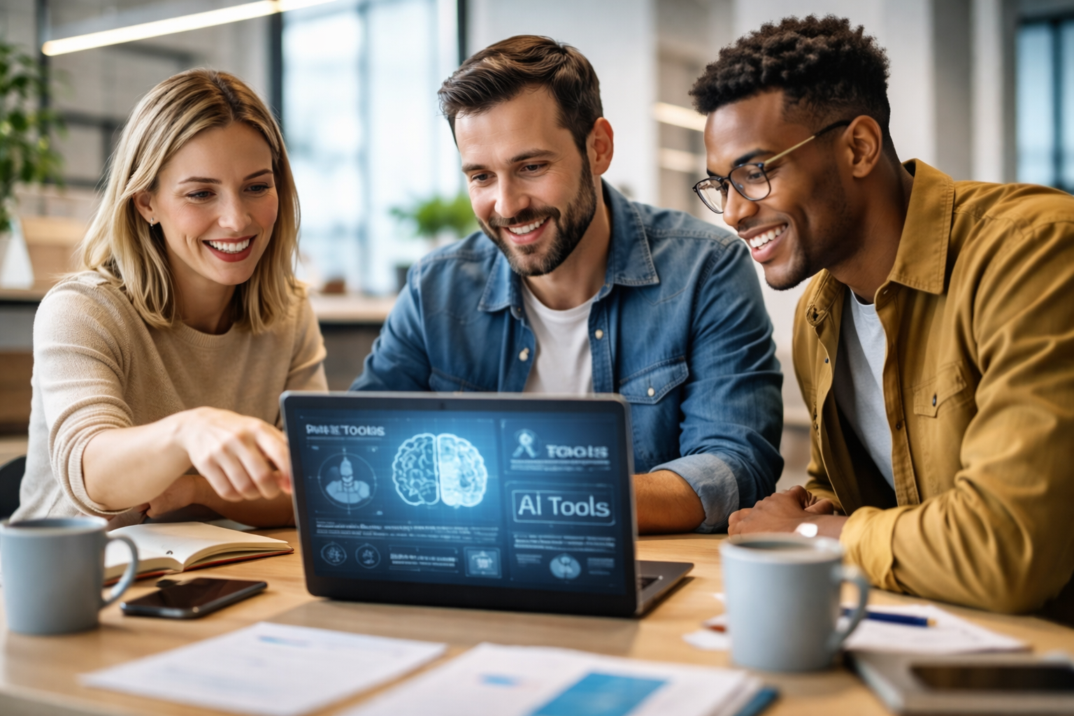 Beginner guide to AI tools showing a team learning and using AI software together