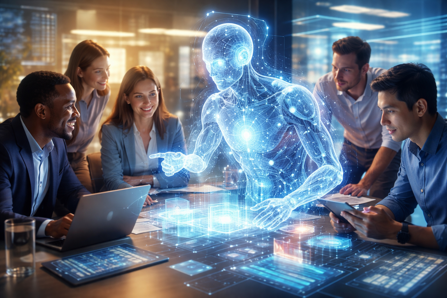 Diverse team of professionals collaborating with a holographic AI assistant in a modern office, symbolizing AI reshaping jobs in 2026 and human-AI collaboration