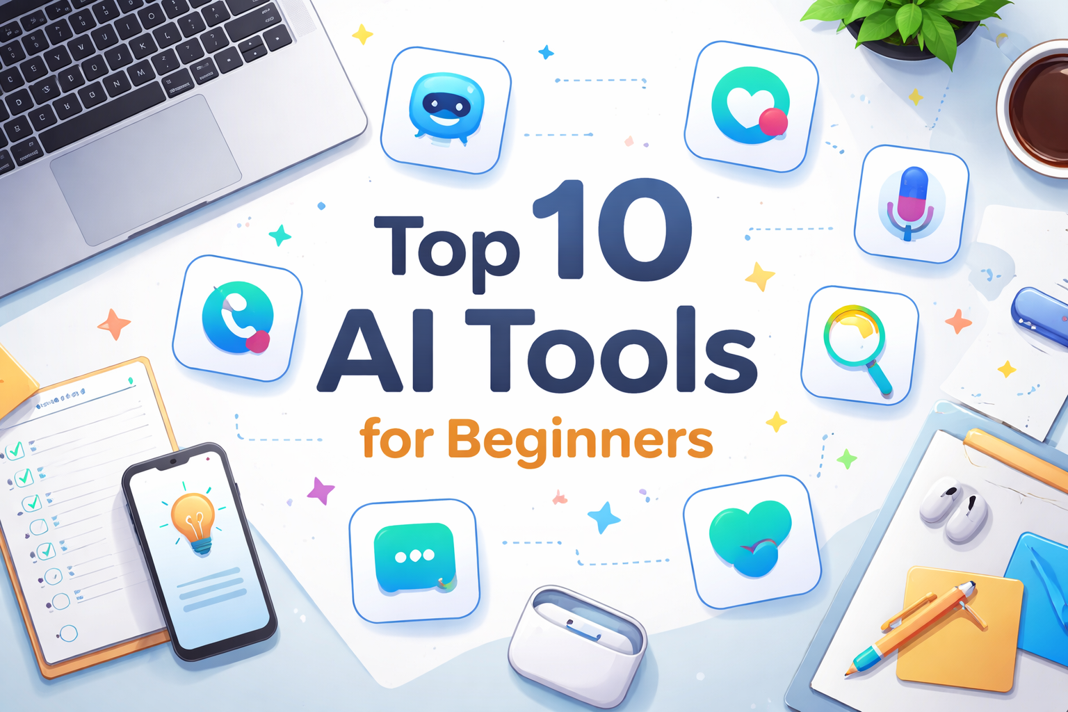 Illustration showing top 10 AI tools for beginners in 2026 with laptop and productivity icons