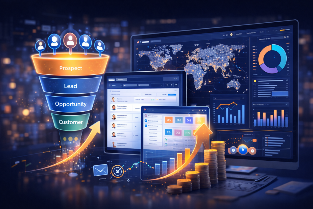 Best AI tools for lead generation showing funnel dashboard and CRM analytics